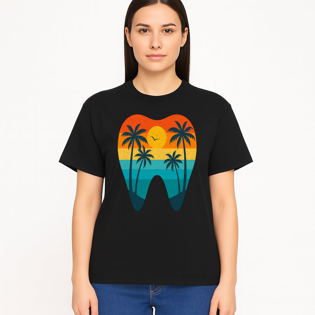Tropical Sunset Tooth Art Print - Colorful Palm Trees Beach Design for Dental Office Decor, Dentistry Gifts, Summer Vibes - T-shirt 1758250155835.jpg