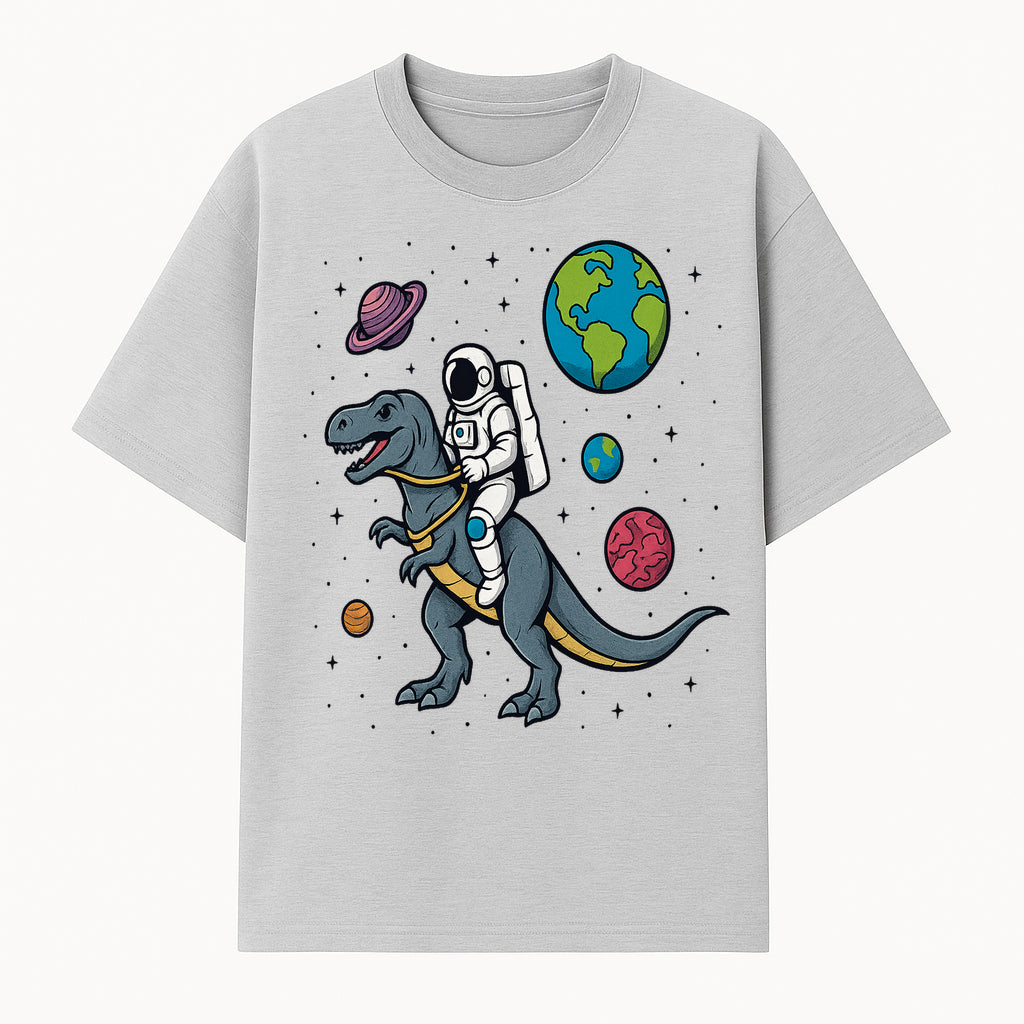 Astronaut Riding Dinosaur in Space - Colorful T-Rex and Planet Illustrations - Fun Cosmic Art Print for Kids Room Decor - T-shirt 1758273092840.jpg