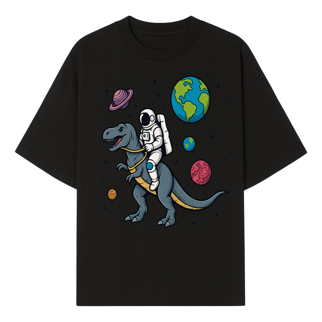 Astronaut Riding Dinosaur in Space - Colorful T-Rex and Planet Illustrations - Fun Cosmic Art Print for Kids Room Decor - T-shirt 1758273093018.jpg
