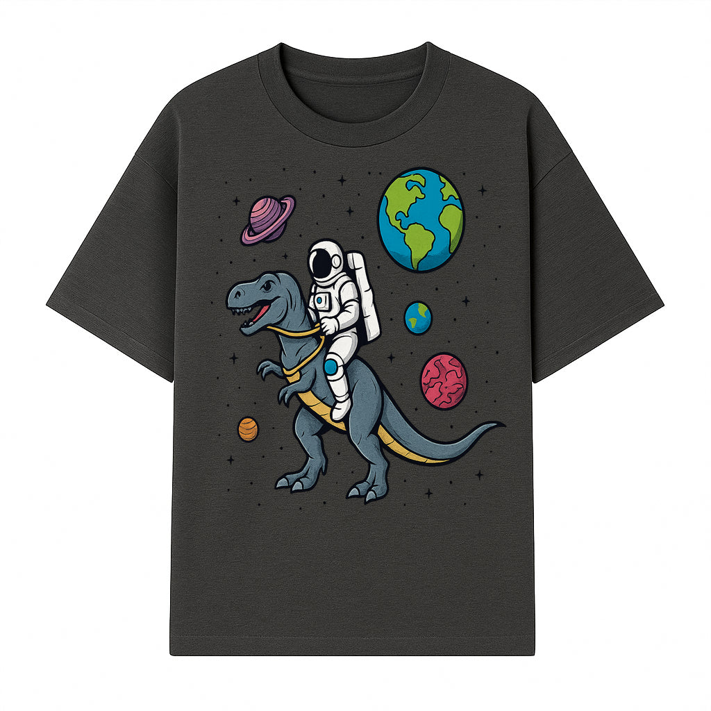 Astronaut Riding Dinosaur in Space - Colorful T-Rex and Planet Illustrations - Fun Cosmic Art Print for Kids Room Decor - T-shirt 1758273093153.jpg