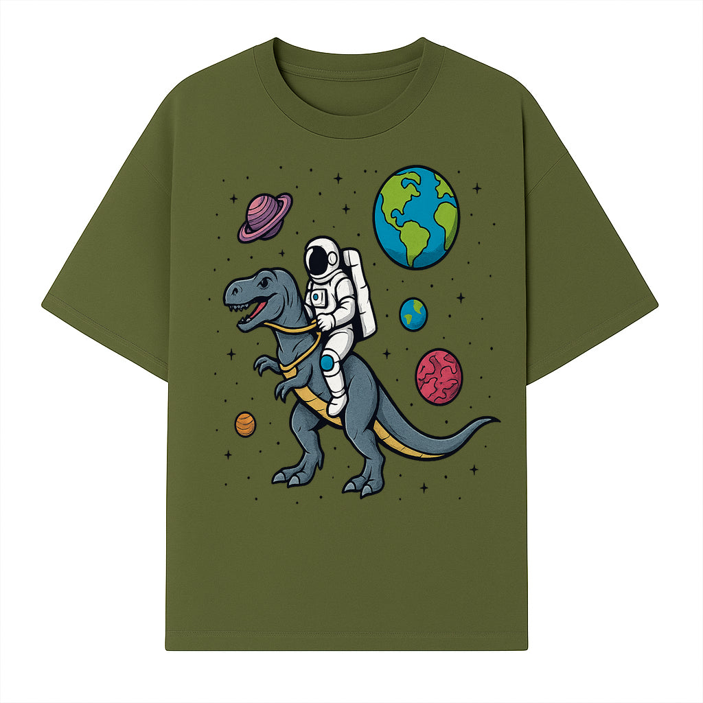 Astronaut Riding Dinosaur in Space - Colorful T-Rex and Planet Illustrations - Fun Cosmic Art Print for Kids Room Decor - T-shirt 1758273093290.jpg