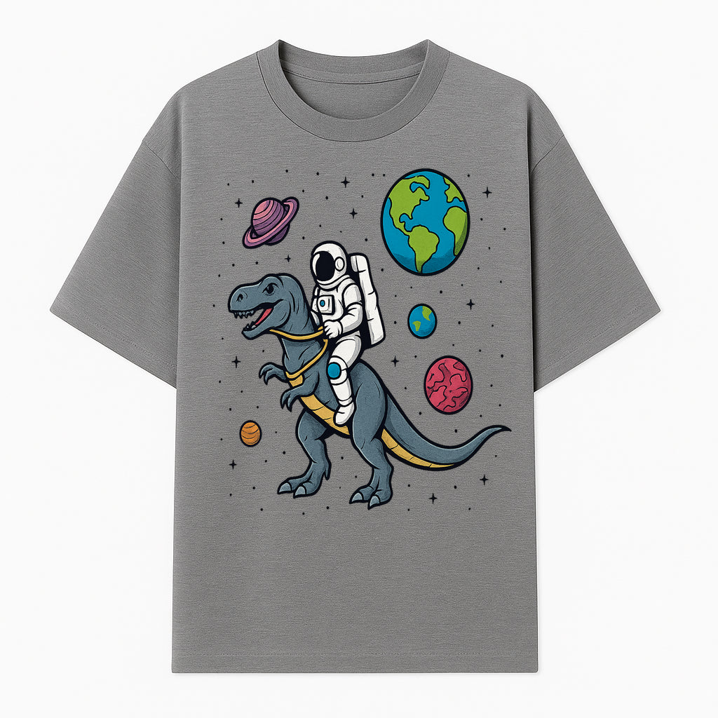 Astronaut Riding Dinosaur in Space - Colorful T-Rex and Planet Illustrations - Fun Cosmic Art Print for Kids Room Decor - T-shirt 1758273093427.jpg