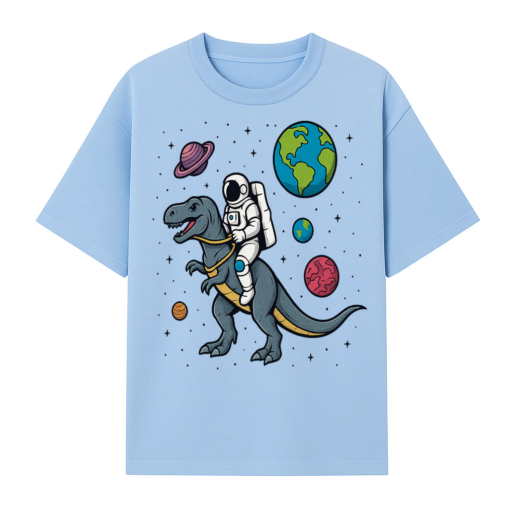 Astronaut Riding Dinosaur in Space - Colorful T-Rex and Planet Illustrations - Fun Cosmic Art Print for Kids Room Decor - T-shirt 1758273093577.jpg