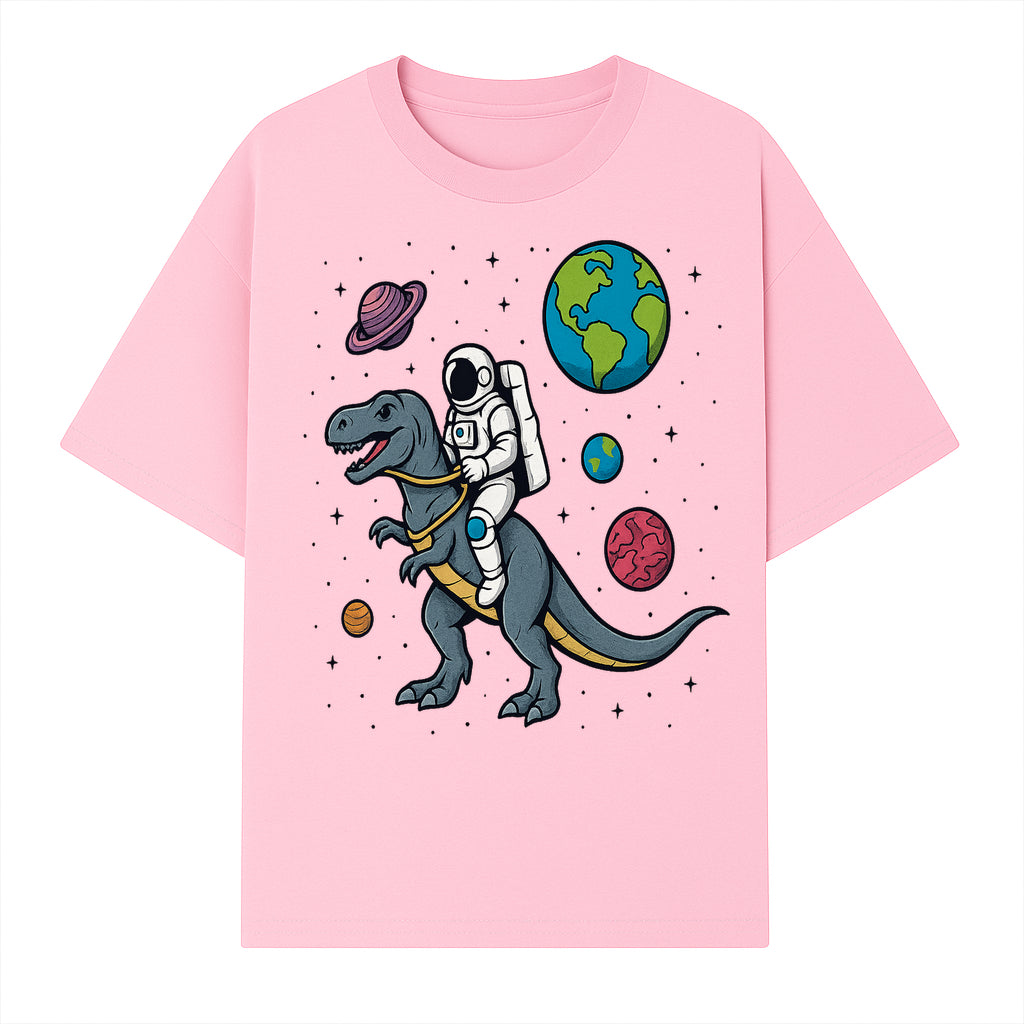 Astronaut Riding Dinosaur in Space - Colorful T-Rex and Planet Illustrations - Fun Cosmic Art Print for Kids Room Decor - T-shirt 1758273093726.jpg