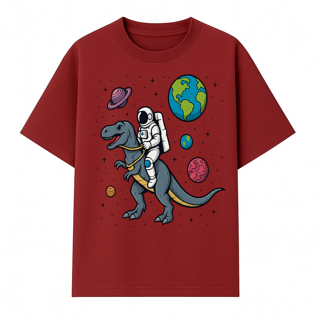 Astronaut Riding Dinosaur in Space - Colorful T-Rex and Planet Illustrations - Fun Cosmic Art Print for Kids Room Decor - T-shirt 1758273093886.jpg