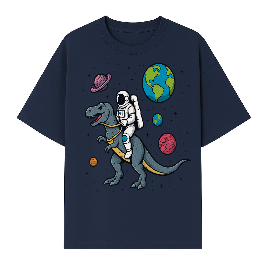Astronaut Riding Dinosaur in Space - Colorful T-Rex and Planet Illustrations - Fun Cosmic Art Print for Kids Room Decor - T-shirt 1758273094007.jpg
