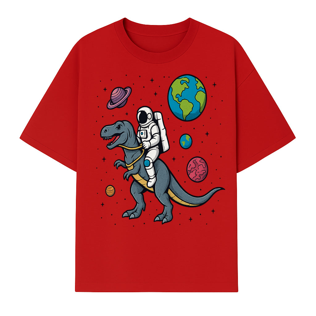 Astronaut Riding Dinosaur in Space - Colorful T-Rex and Planet Illustrations - Fun Cosmic Art Print for Kids Room Decor - T-shirt 1758273094156.jpg