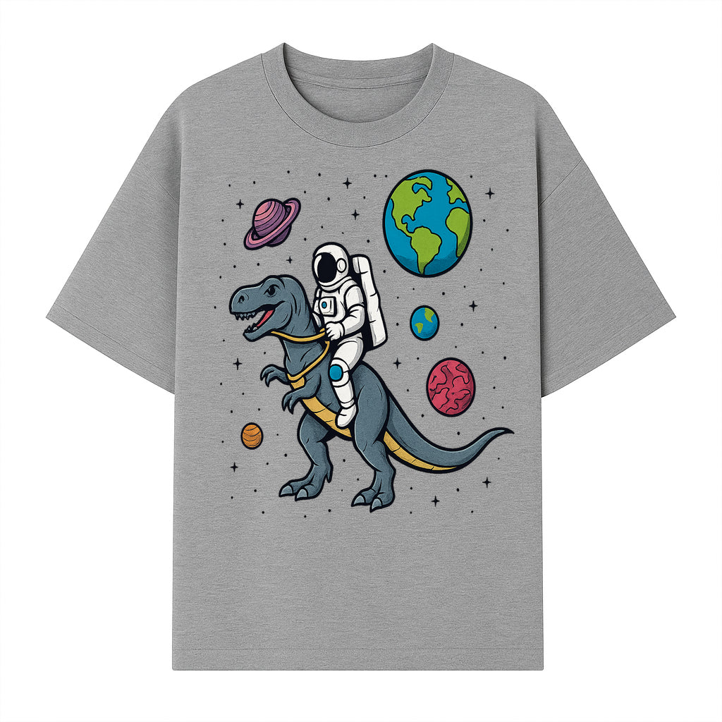 Astronaut Riding Dinosaur in Space - Colorful T-Rex and Planet Illustrations - Fun Cosmic Art Print for Kids Room Decor - T-shirt 1758273094291.jpg