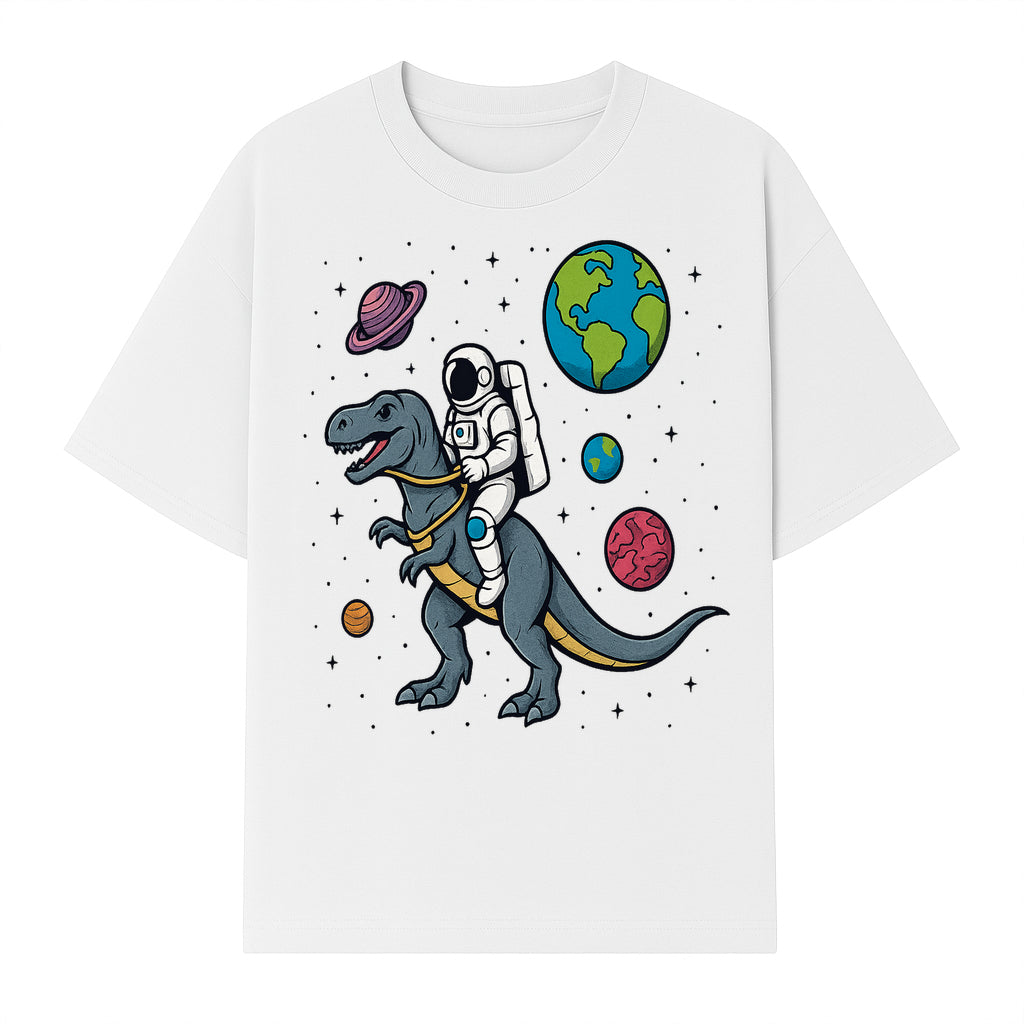Astronaut Riding Dinosaur in Space - Colorful T-Rex and Planet Illustrations - Fun Cosmic Art Print for Kids Room Decor - T-shirt 1758273094450.jpg