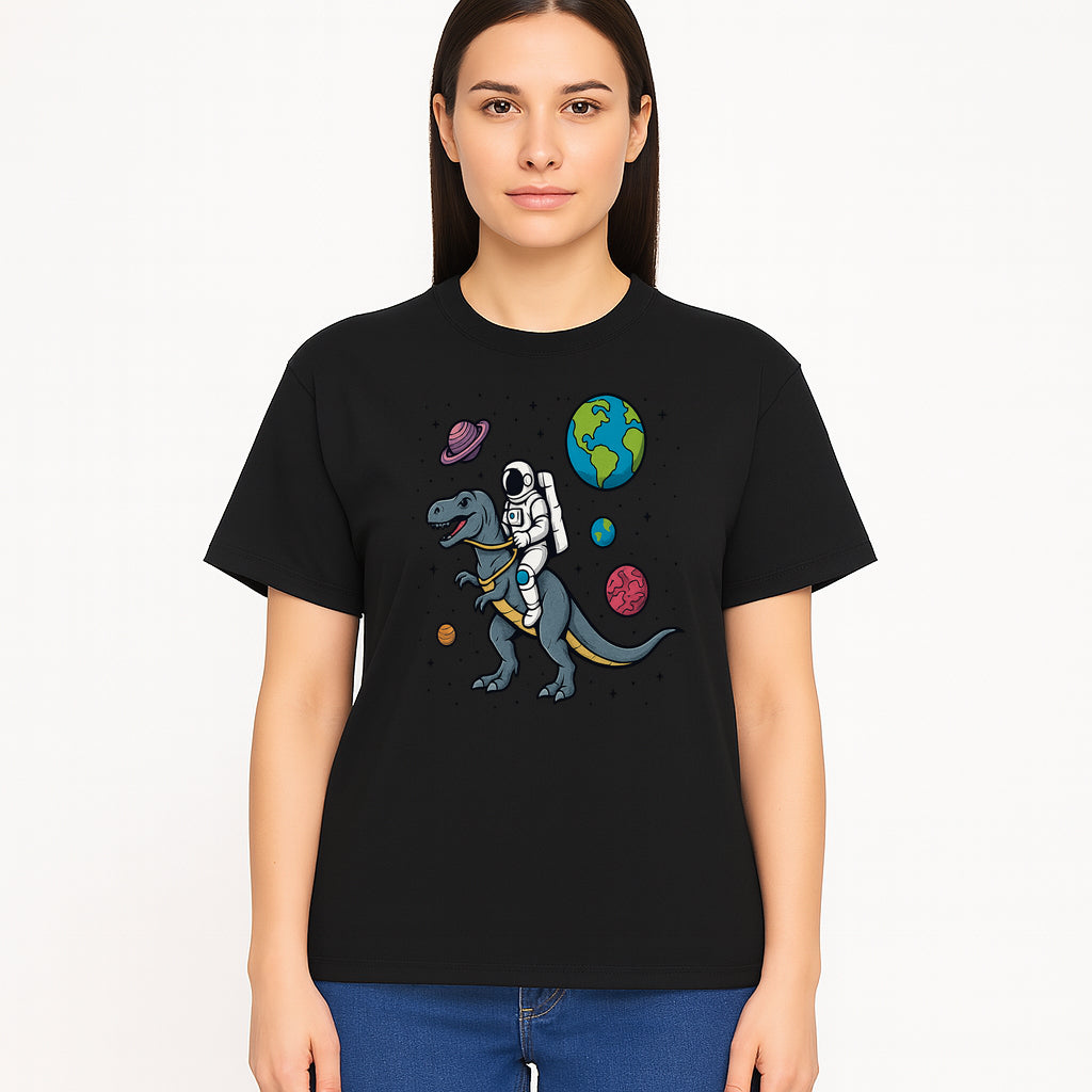 Astronaut Riding Dinosaur in Space - Colorful T-Rex and Planet Illustrations - Fun Cosmic Art Print for Kids Room Decor - T-shirt 1758273095736.jpg