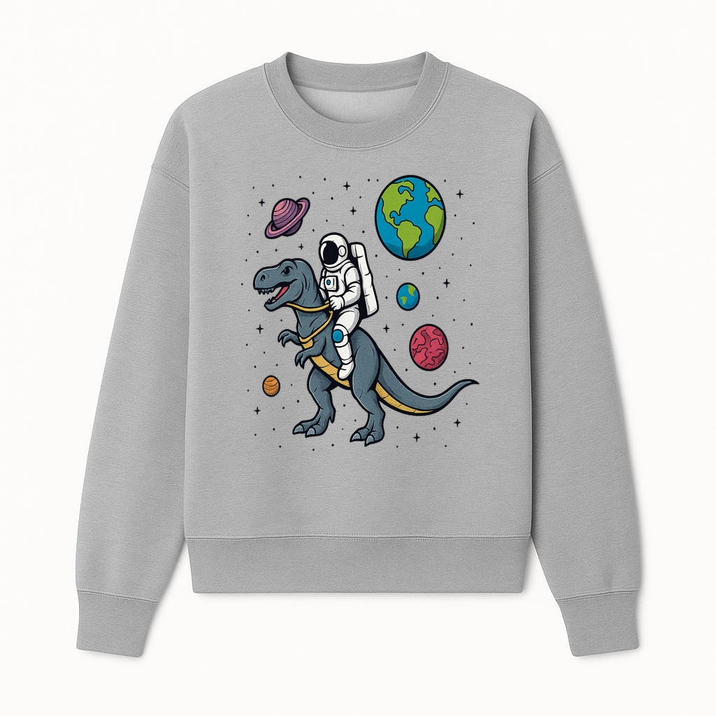 Astronaut Riding Dinosaur in Space - Colorful T-Rex and Planet Illustrations - Fun Cosmic Art Print for Kids Room Decor - Sweatshirt 1758273095862.jpg