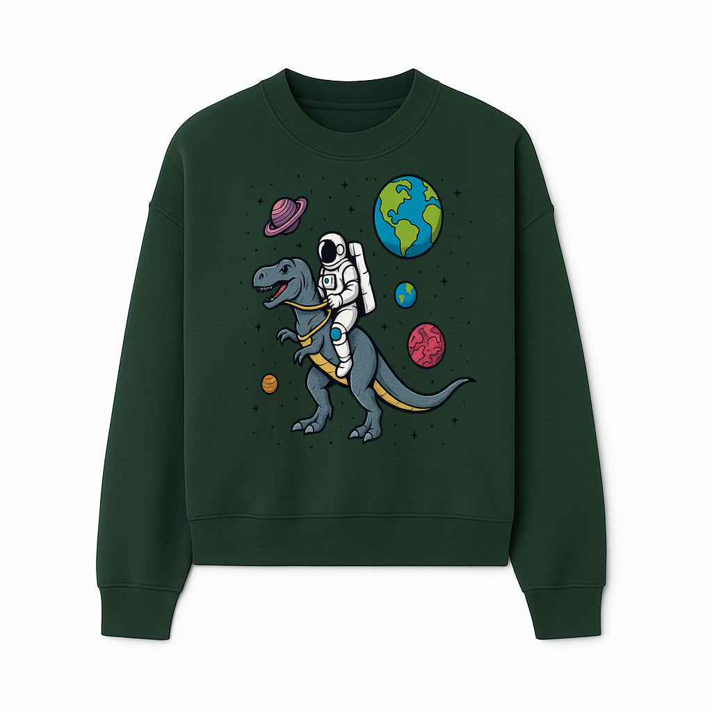 Astronaut Riding Dinosaur in Space - Colorful T-Rex and Planet Illustrations - Fun Cosmic Art Print for Kids Room Decor - Sweatshirt 1758273096326.jpg