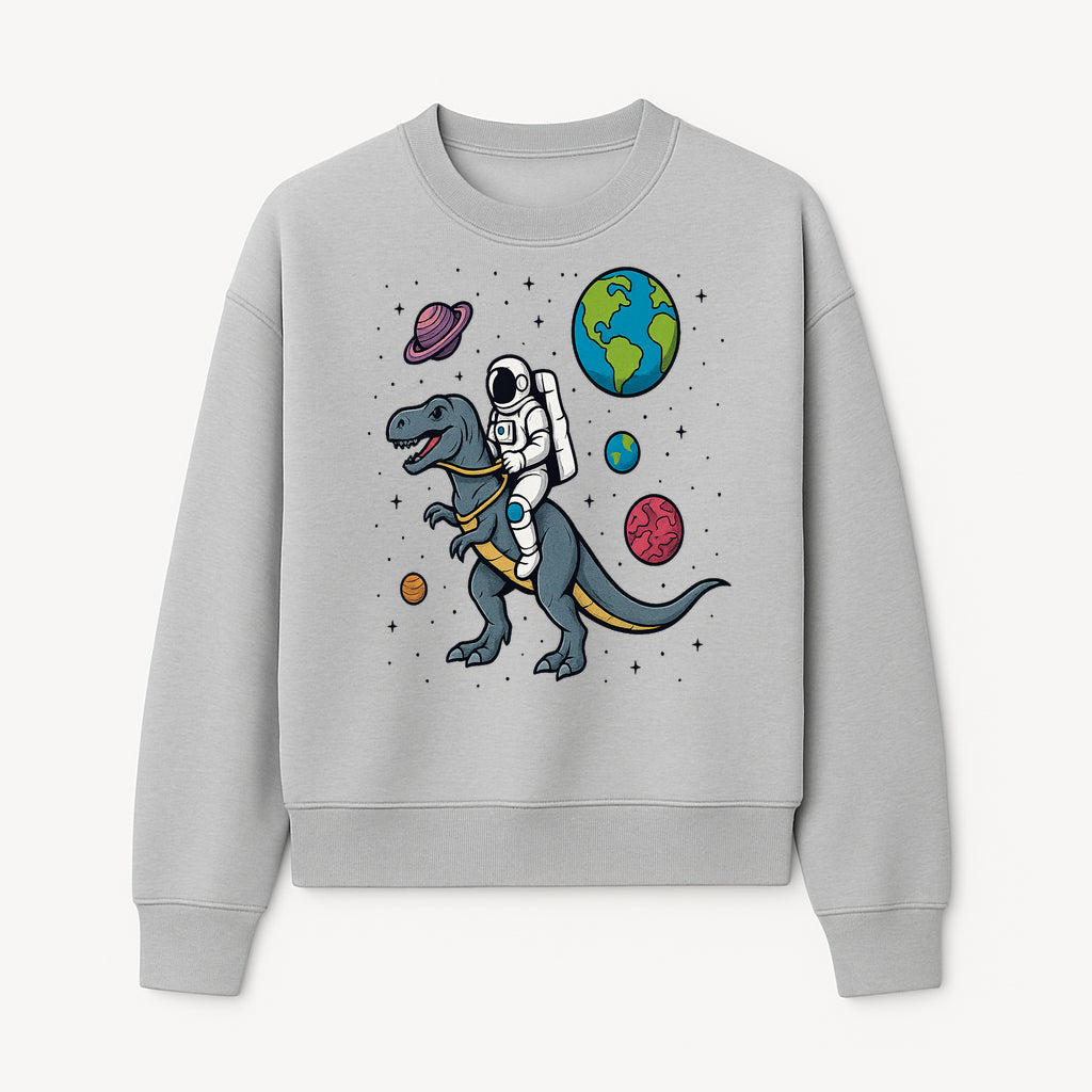 Astronaut Riding Dinosaur in Space - Colorful T-Rex and Planet Illustrations - Fun Cosmic Art Print for Kids Room Decor - Sweatshirt 1758273096457.jpg
