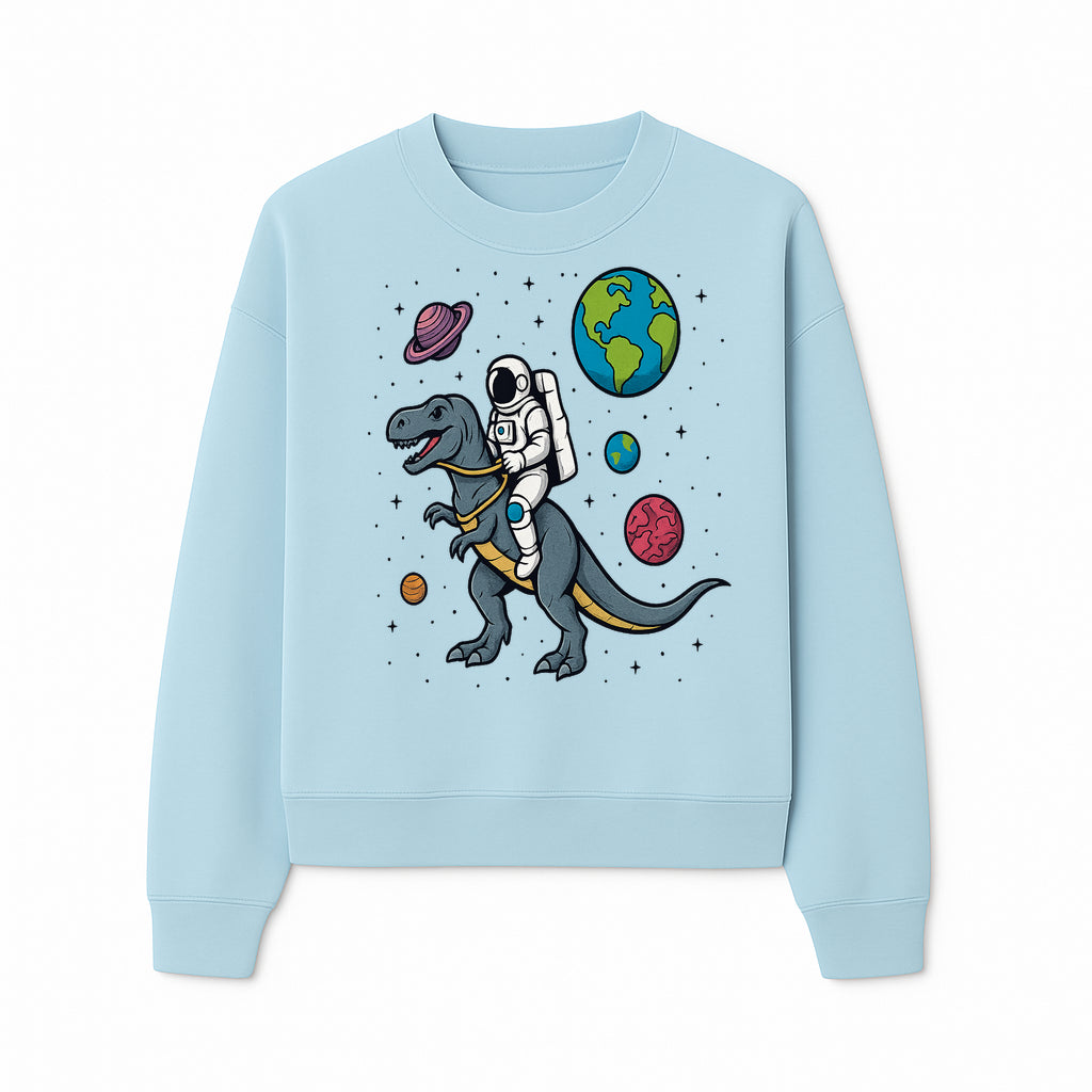 Astronaut Riding Dinosaur in Space - Colorful T-Rex and Planet Illustrations - Fun Cosmic Art Print for Kids Room Decor - Sweatshirt 1758273096621.jpg