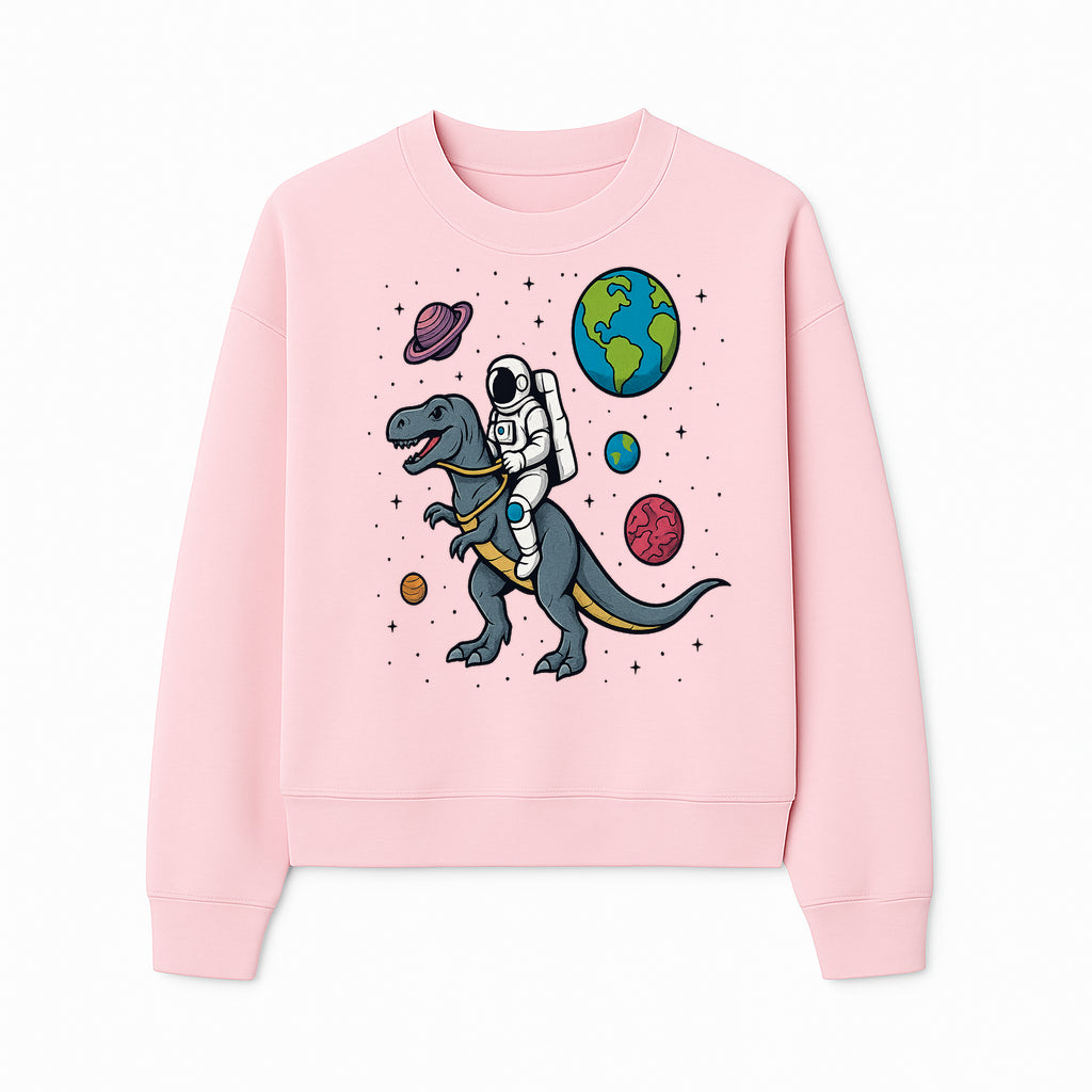 Astronaut Riding Dinosaur in Space - Colorful T-Rex and Planet Illustrations - Fun Cosmic Art Print for Kids Room Decor - Sweatshirt 1758273096739.jpg