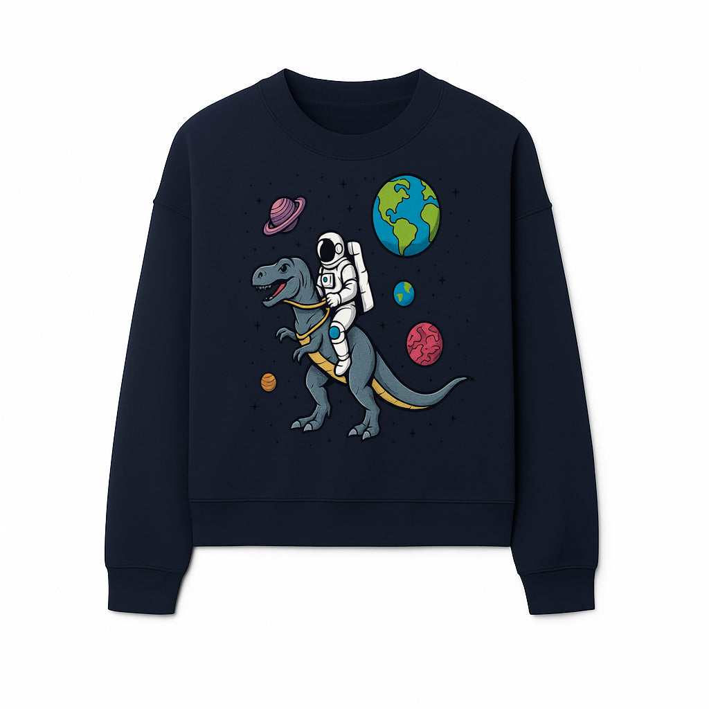 Astronaut Riding Dinosaur in Space - Colorful T-Rex and Planet Illustrations - Fun Cosmic Art Print for Kids Room Decor - Sweatshirt 1758273097035.jpg