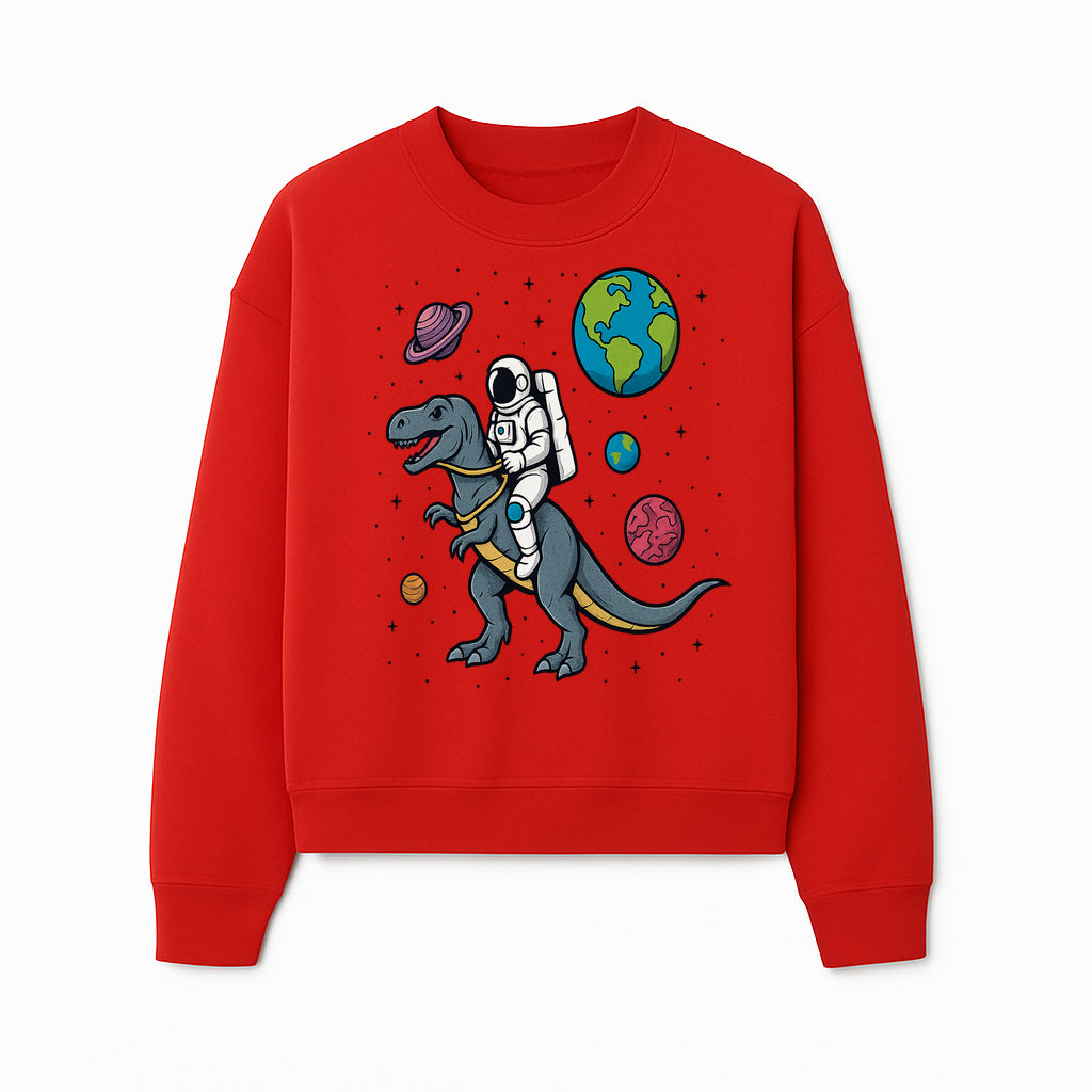 Astronaut Riding Dinosaur in Space - Colorful T-Rex and Planet Illustrations - Fun Cosmic Art Print for Kids Room Decor - Sweatshirt 1758273097177.jpg