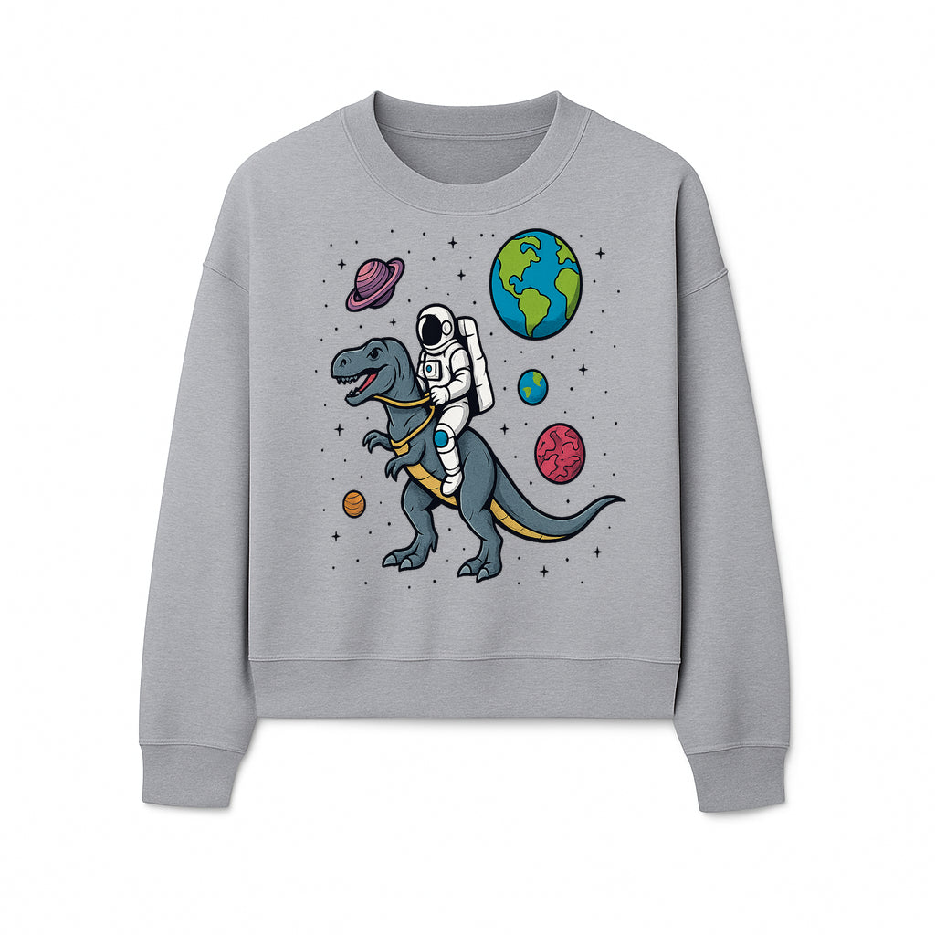 Astronaut Riding Dinosaur in Space - Colorful T-Rex and Planet Illustrations - Fun Cosmic Art Print for Kids Room Decor - Sweatshirt 1758273097334.jpg