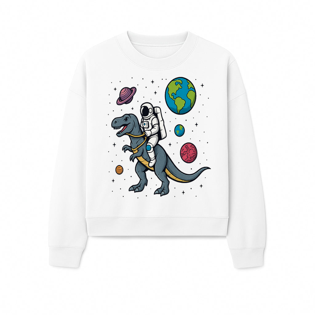 Astronaut Riding Dinosaur in Space - Colorful T-Rex and Planet Illustrations - Fun Cosmic Art Print for Kids Room Decor - Sweatshirt 1758273097496.jpg