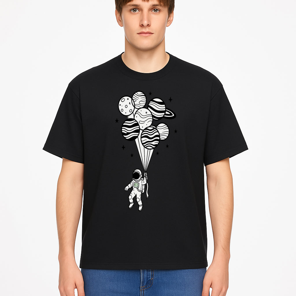 Astronaut with Planet Balloons Graphic Tee, Space Theme Shirt, Cosmic Adventure Apparel, Unisex Astronaut Design, Gift for Space Lovers - T-shirt 1758273097660.jpg