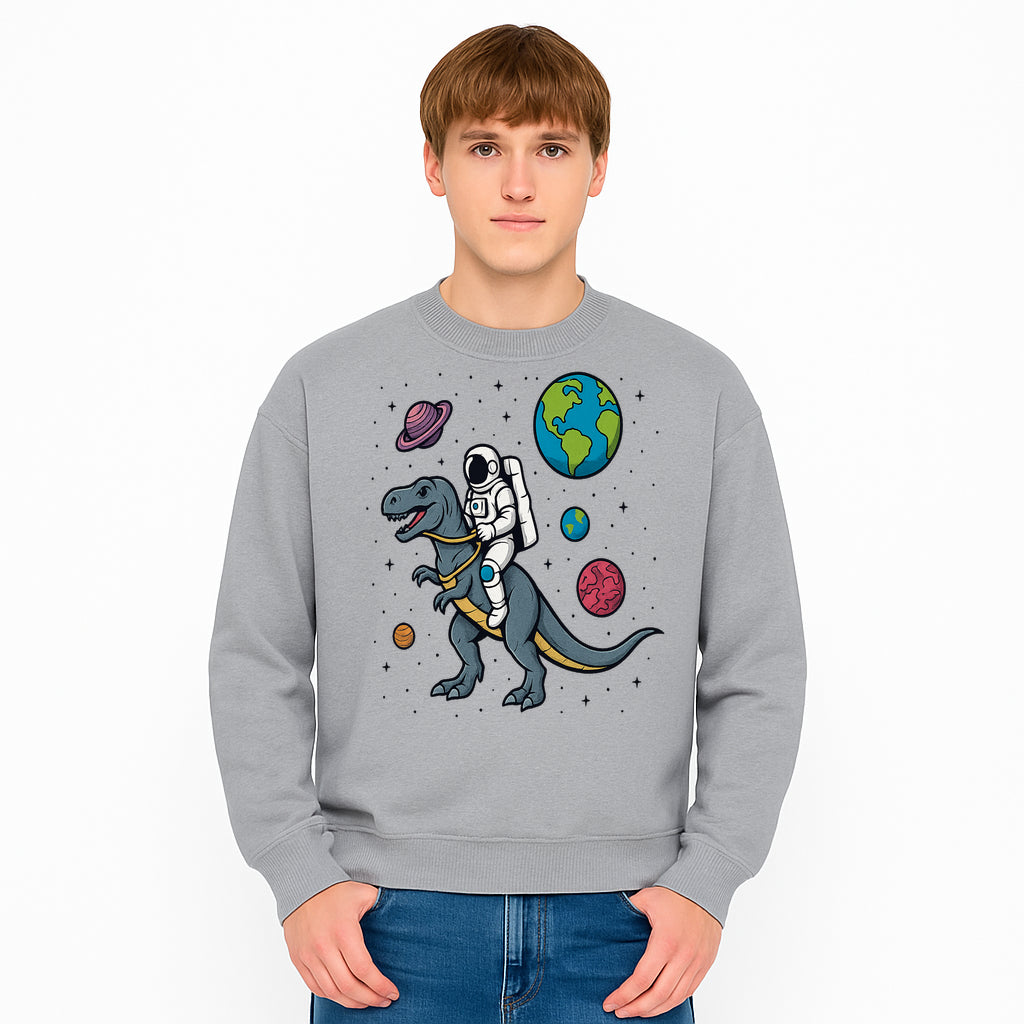 Astronaut Riding Dinosaur in Space - Colorful T-Rex and Planet Illustrations - Fun Cosmic Art Print for Kids Room Decor - Sweatshirt 1758273098629.jpg