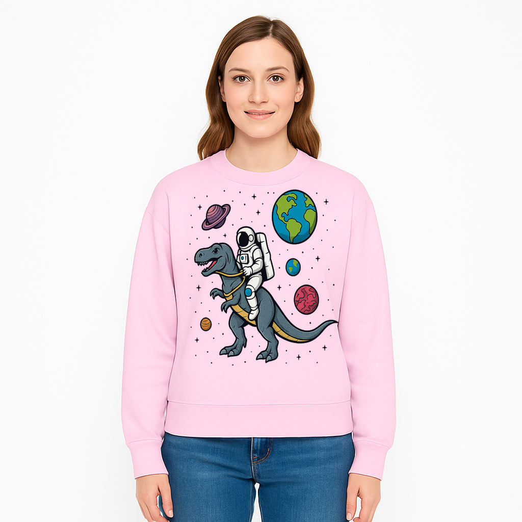 Astronaut Riding Dinosaur in Space - Colorful T-Rex and Planet Illustrations - Fun Cosmic Art Print for Kids Room Decor - Sweatshirt 1758273098795.jpg