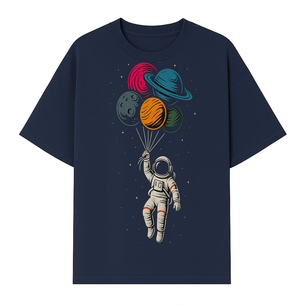 Astronaut with Planet Balloons T-Shirt | Space Themed Graphic Tee | Cute Outer Space Adventure Design for Kids & Adults - T-shirt 1758273102114.jpg