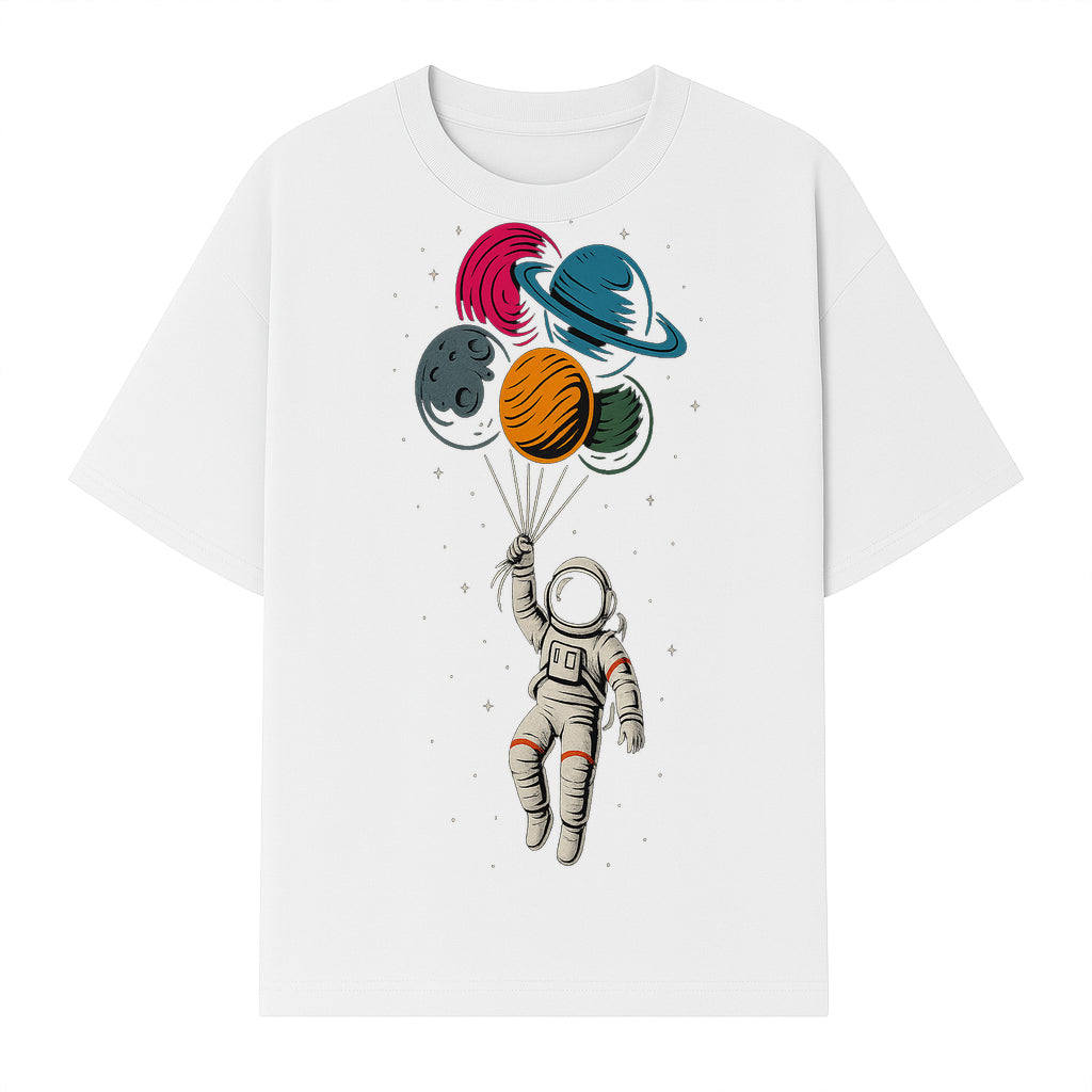 Astronaut with Planet Balloons T-Shirt | Space Themed Graphic Tee | Cute Outer Space Adventure Design for Kids & Adults - T-shirt 1758273102526.jpg