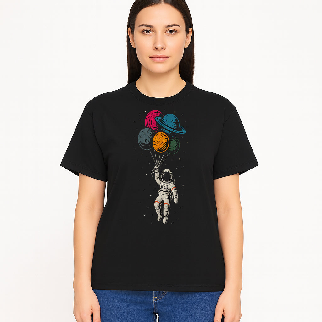 Astronaut with Planet Balloons T-Shirt | Space Themed Graphic Tee | Cute Outer Space Adventure Design for Kids & Adults - T-shirt 1758273103821.jpg