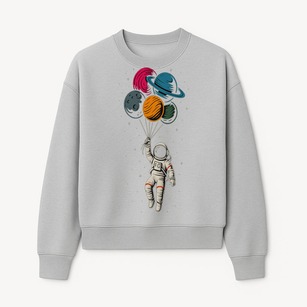 Astronaut with Planet Balloons T-Shirt | Space Themed Graphic Tee | Cute Outer Space Adventure Design for Kids & Adults - Sweatshirt 1758273104520.jpg