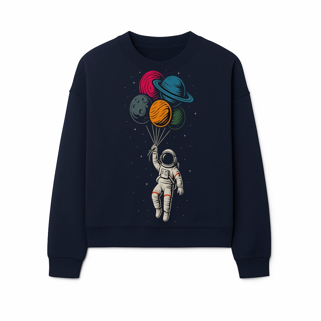 Astronaut with Planet Balloons T-Shirt | Space Themed Graphic Tee | Cute Outer Space Adventure Design for Kids & Adults - Sweatshirt 1758273105153.jpg