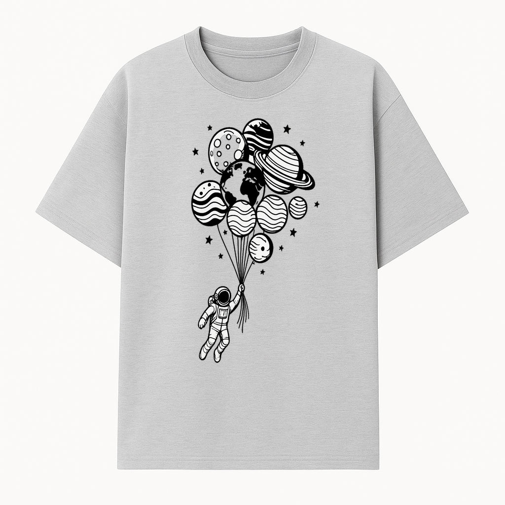Astronaut Holding Planet Balloons Graphic T-Shirt | Space Adventure Design | Galaxy-Themed Apparel for Kids and Adults - T-shirt 1758273116739.jpg