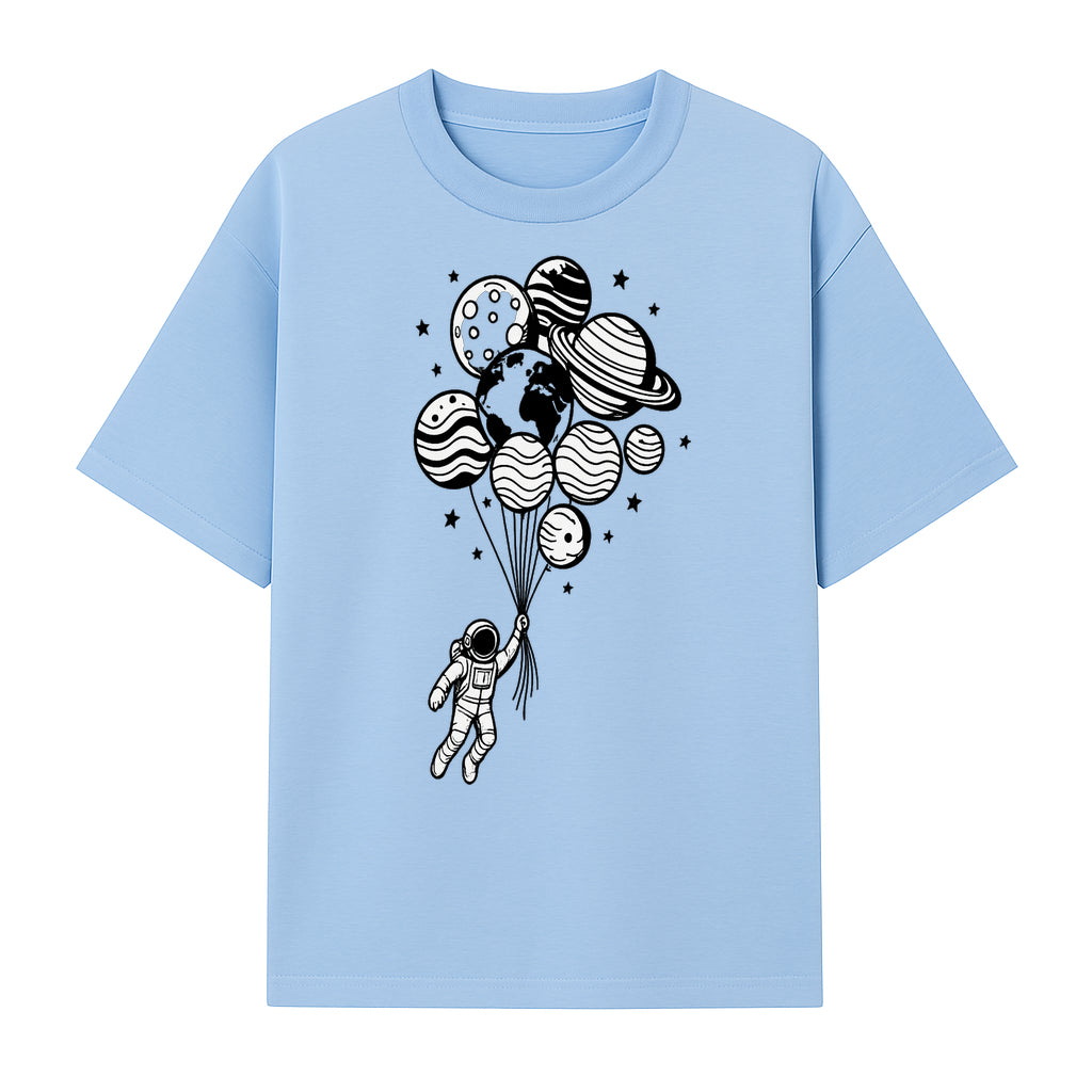 Astronaut Holding Planet Balloons Graphic T-Shirt | Space Adventure Design | Galaxy-Themed Apparel for Kids and Adults - T-shirt 1758273117540.jpg