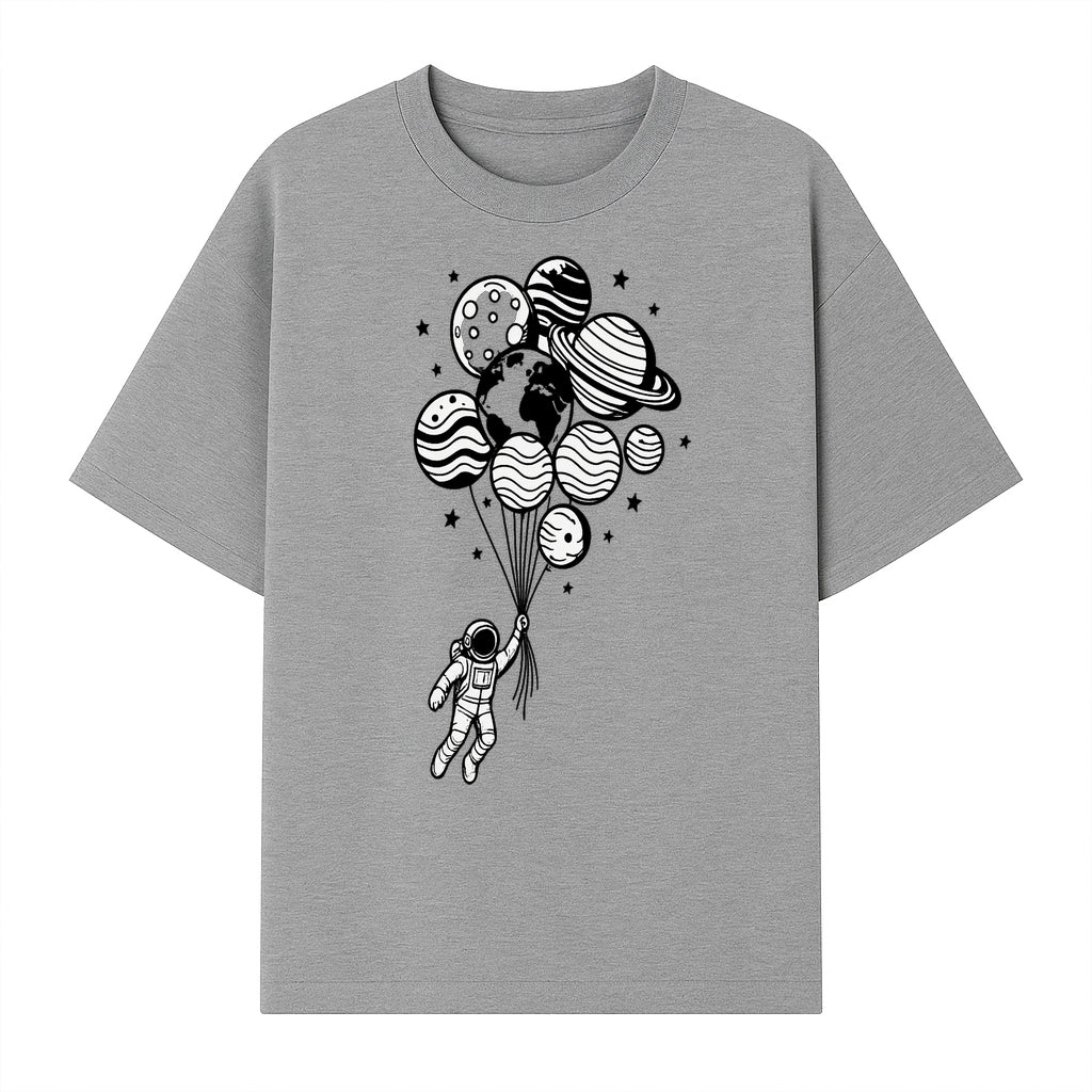 Astronaut Holding Planet Balloons Graphic T-Shirt | Space Adventure Design | Galaxy-Themed Apparel for Kids and Adults - T-shirt 1758273118315.jpg