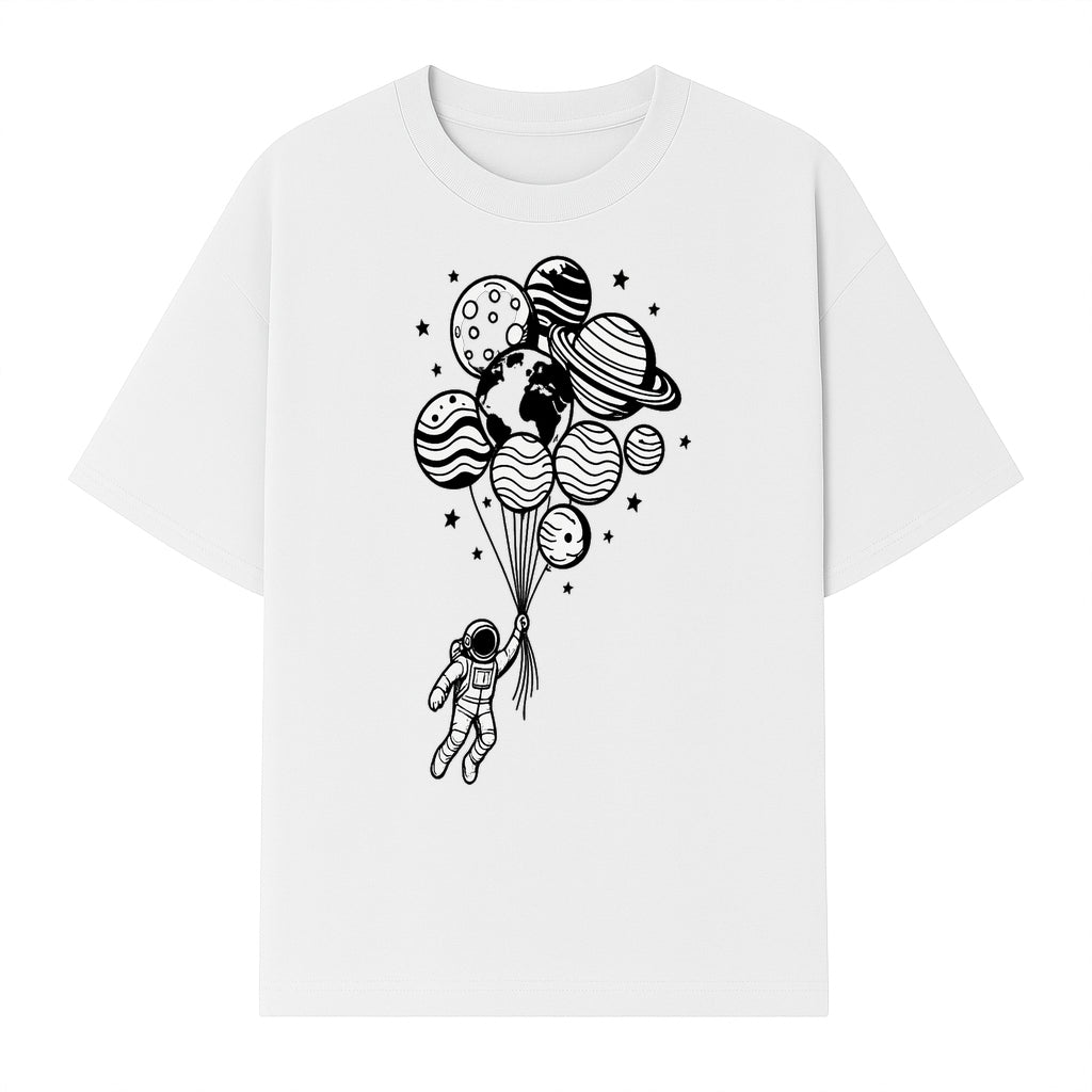 Astronaut Holding Planet Balloons Graphic T-Shirt | Space Adventure Design | Galaxy-Themed Apparel for Kids and Adults - T-shirt 1758273118464.jpg