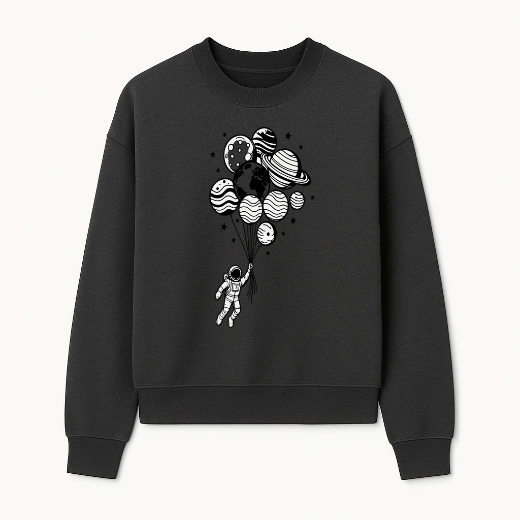 Astronaut Holding Planet Balloons Graphic T-Shirt | Space Adventure Design | Galaxy-Themed Apparel for Kids and Adults - Sweatshirt 1758273120183.jpg