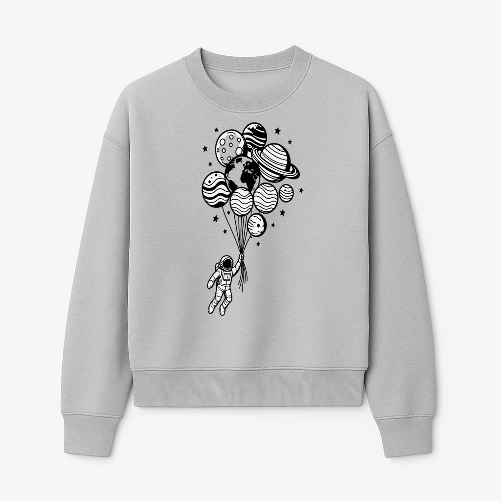 Astronaut Holding Planet Balloons Graphic T-Shirt | Space Adventure Design | Galaxy-Themed Apparel for Kids and Adults - Sweatshirt 1758273120475.jpg