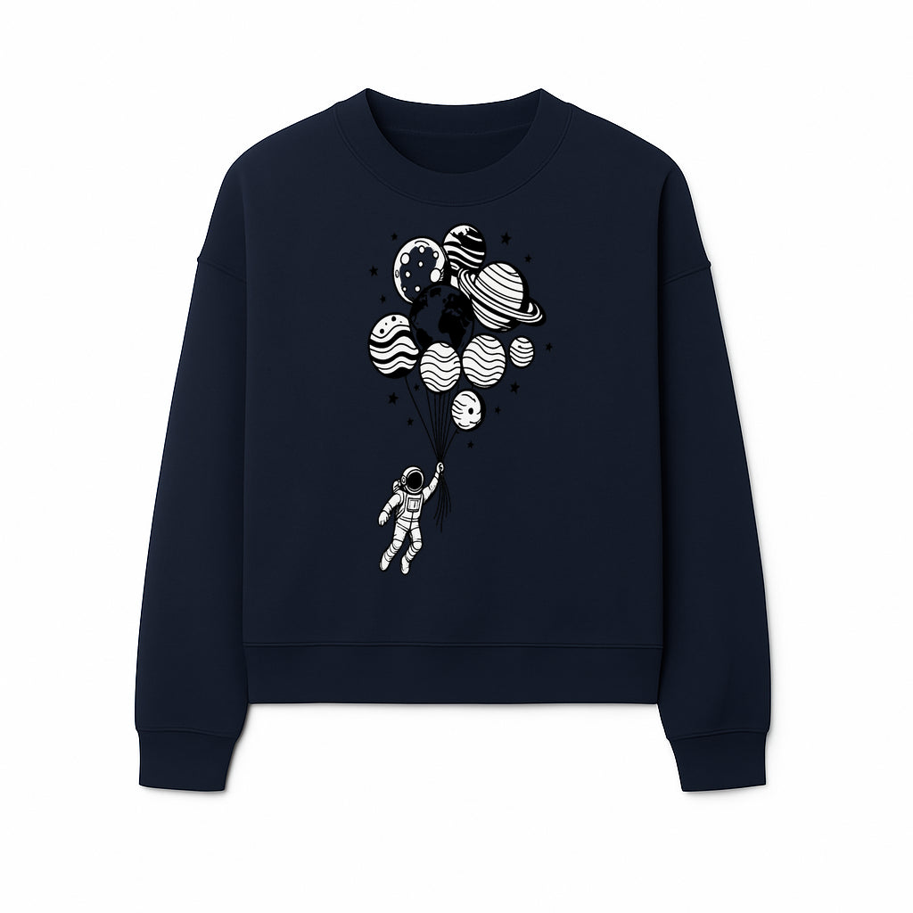 Astronaut Holding Planet Balloons Graphic T-Shirt | Space Adventure Design | Galaxy-Themed Apparel for Kids and Adults - Sweatshirt 1758273121068.jpg