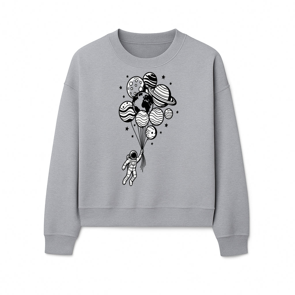 Astronaut Holding Planet Balloons Graphic T-Shirt | Space Adventure Design | Galaxy-Themed Apparel for Kids and Adults - Sweatshirt 1758273121344.jpg