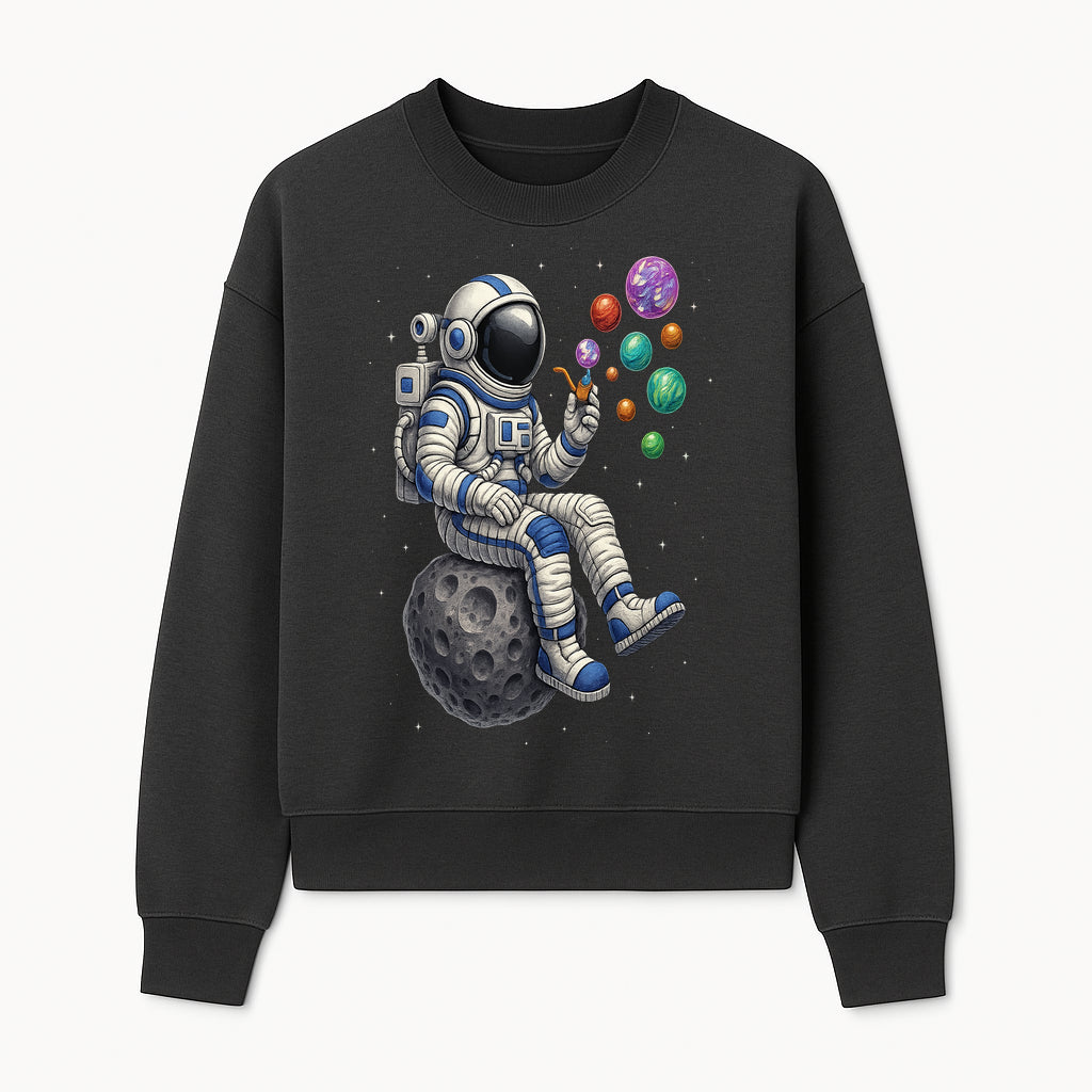 Astronaut Bubble Blowing Art Print - Cosmic Space Theme, Moon, Bubbles, Colorful Design, Space Decor, Unique Gift Idea - Sweatshirt 1758273135642.jpg