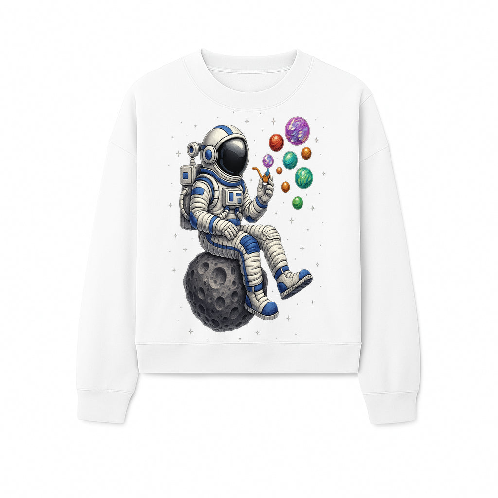 Astronaut Bubble Blowing Art Print - Cosmic Space Theme, Moon, Bubbles, Colorful Design, Space Decor, Unique Gift Idea - Sweatshirt 1758273137019.jpg