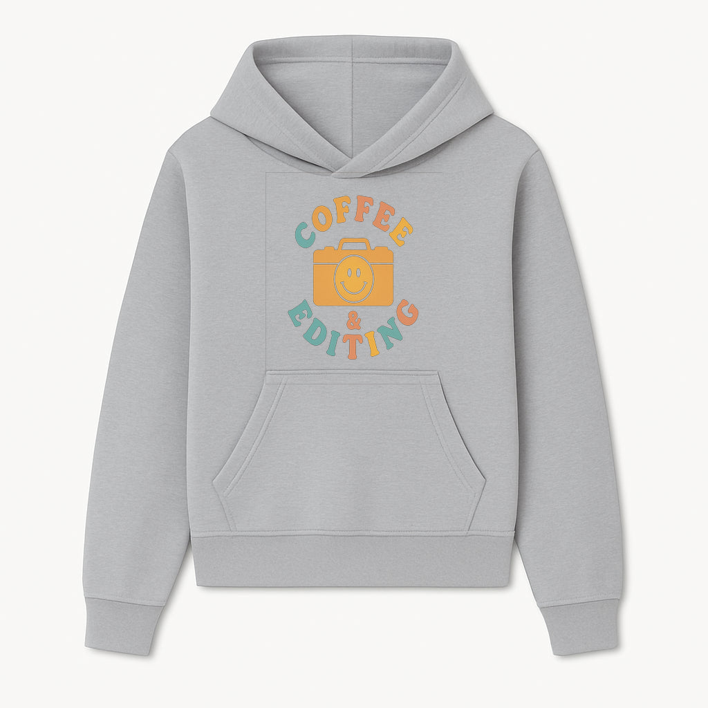 Coffee & Editing Graphic Tee - Fun Photography Lover Shirt, Cute Gift for Creatives, Smiley Camera Design, Casual Wear - Hoodie 1758335005104.jpg