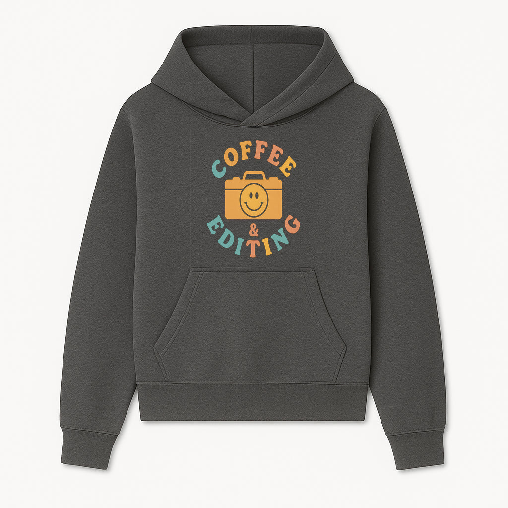 Coffee & Editing Graphic Tee - Fun Photography Lover Shirt, Cute Gift for Creatives, Smiley Camera Design, Casual Wear - Hoodie 1758335005428.jpg