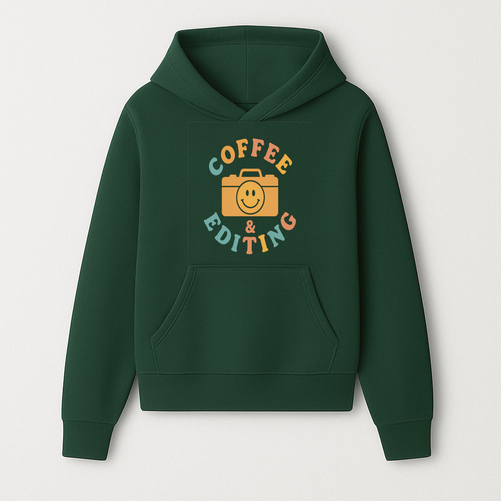 Coffee & Editing Graphic Tee - Fun Photography Lover Shirt, Cute Gift for Creatives, Smiley Camera Design, Casual Wear - Hoodie 1758335005598.jpg