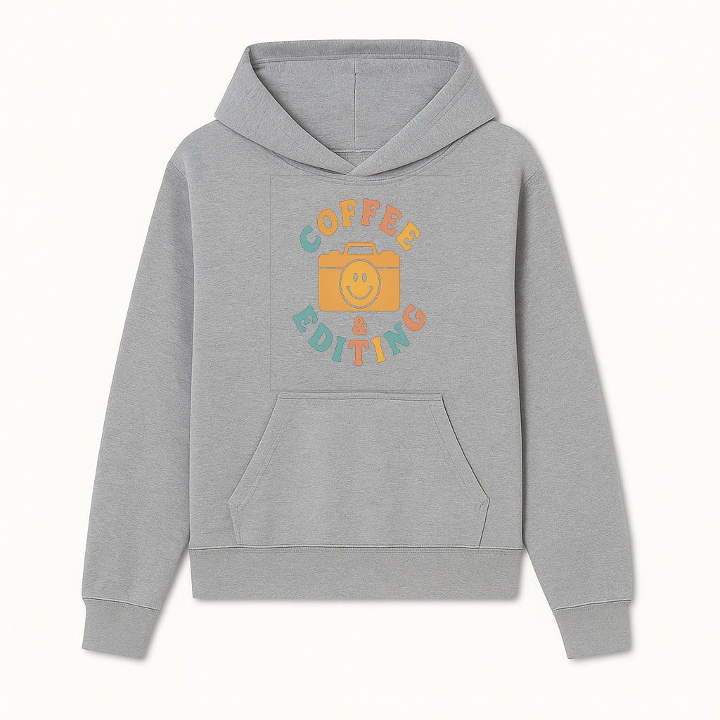Coffee & Editing Graphic Tee - Fun Photography Lover Shirt, Cute Gift for Creatives, Smiley Camera Design, Casual Wear - Hoodie 1758335005724.jpg