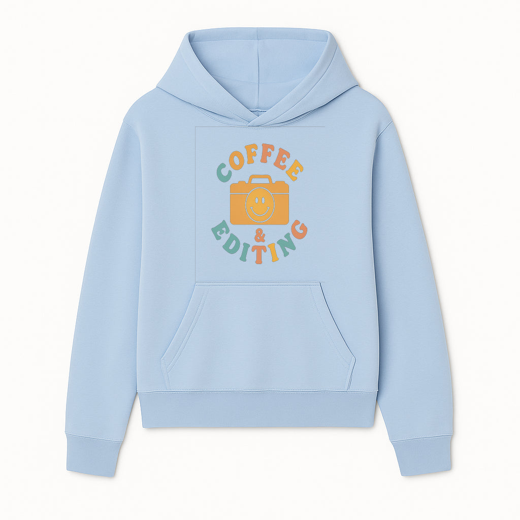 Coffee & Editing Graphic Tee - Fun Photography Lover Shirt, Cute Gift for Creatives, Smiley Camera Design, Casual Wear - Hoodie 1758335005881.jpg