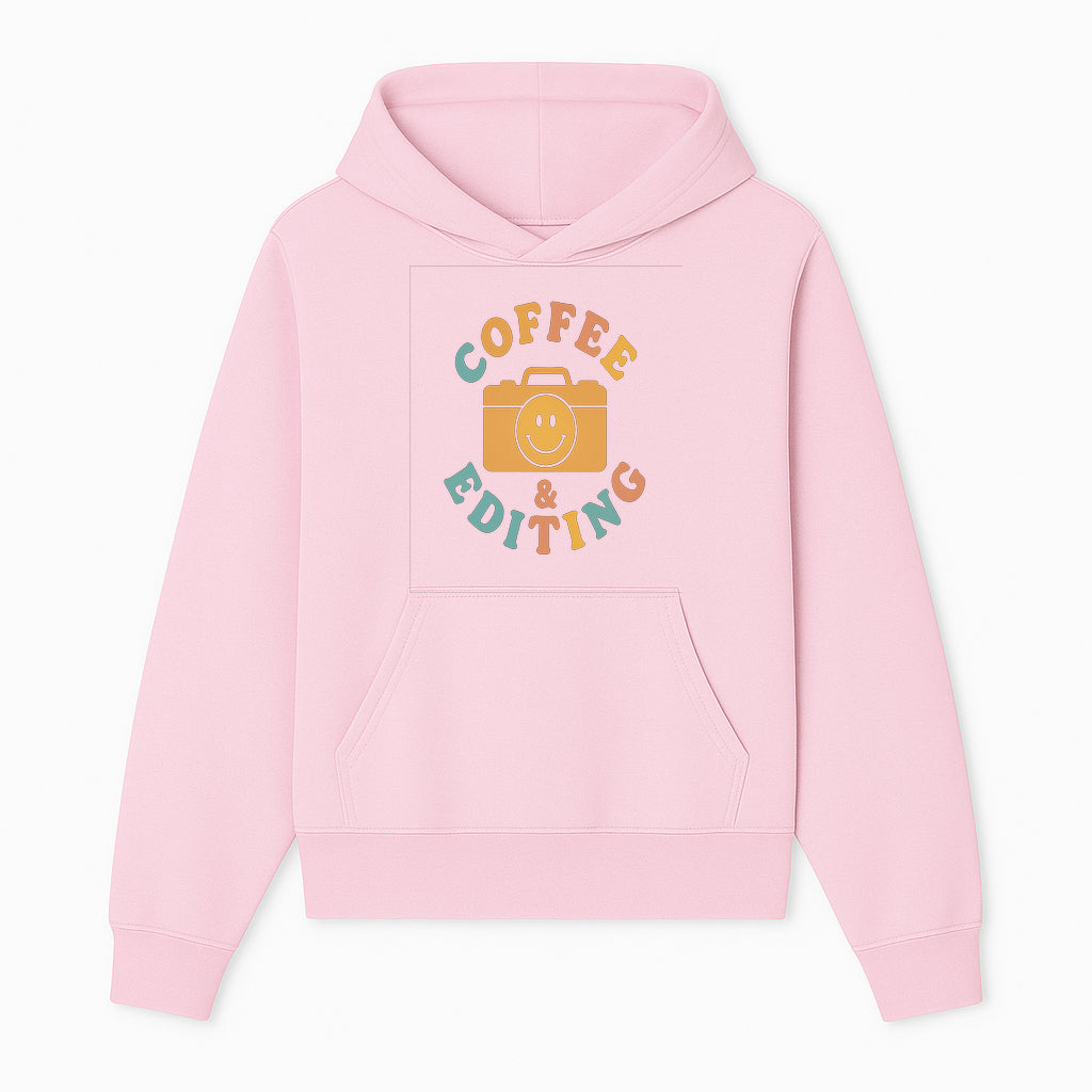Coffee & Editing Graphic Tee - Fun Photography Lover Shirt, Cute Gift for Creatives, Smiley Camera Design, Casual Wear - Hoodie 1758335006023.jpg