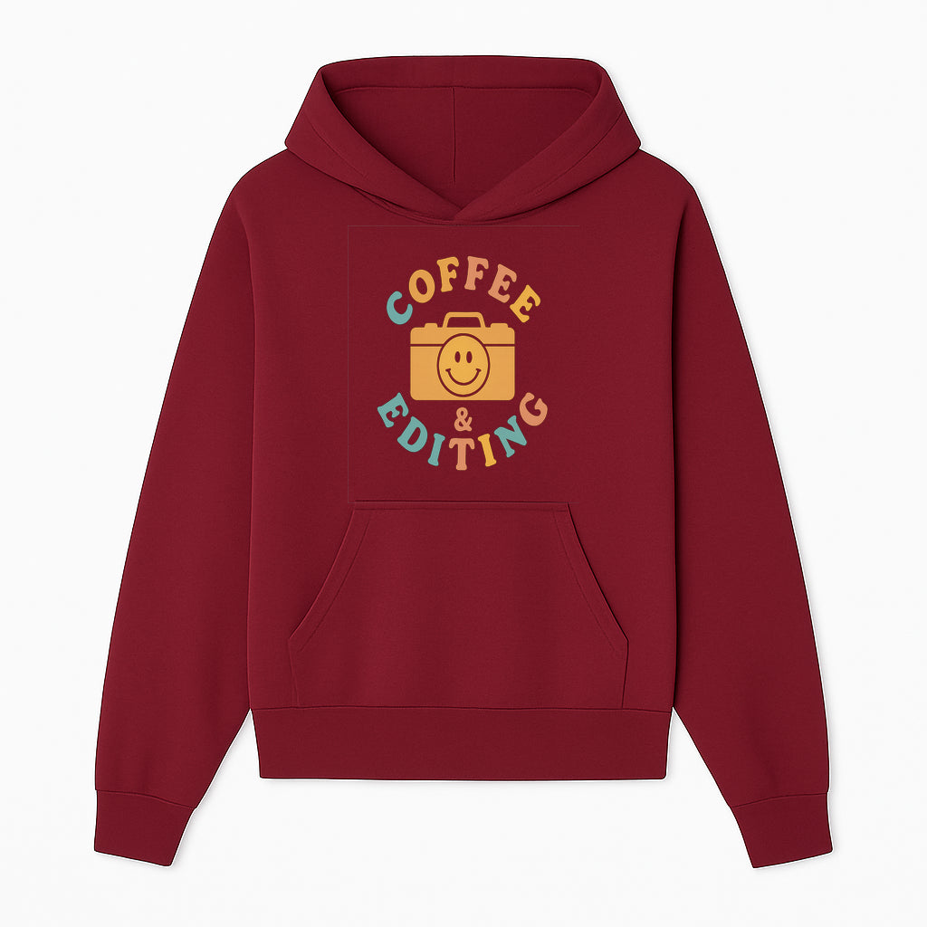 Coffee & Editing Graphic Tee - Fun Photography Lover Shirt, Cute Gift for Creatives, Smiley Camera Design, Casual Wear - Hoodie 1758335006192.jpg
