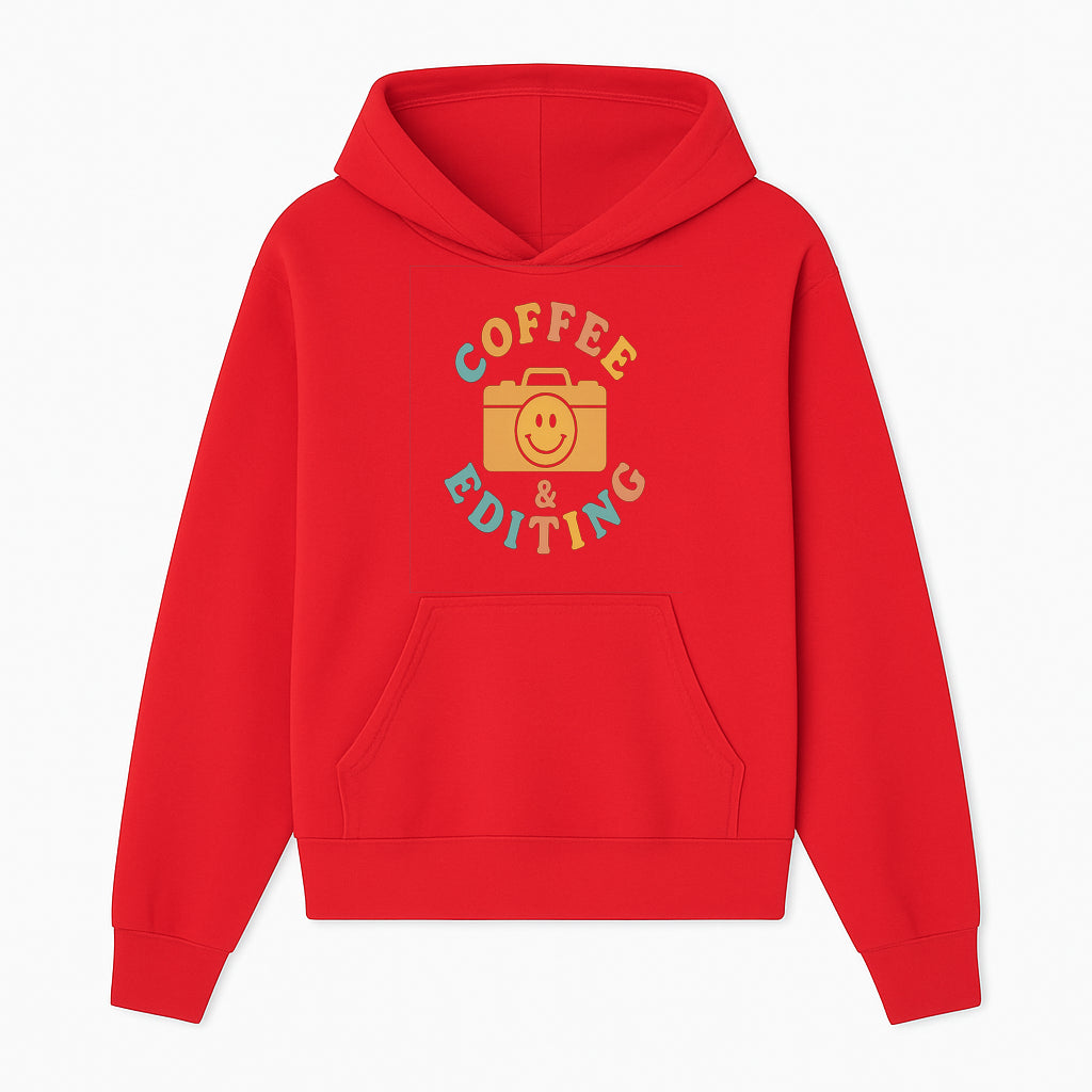 Coffee & Editing Graphic Tee - Fun Photography Lover Shirt, Cute Gift for Creatives, Smiley Camera Design, Casual Wear - Hoodie 1758335006475.jpg