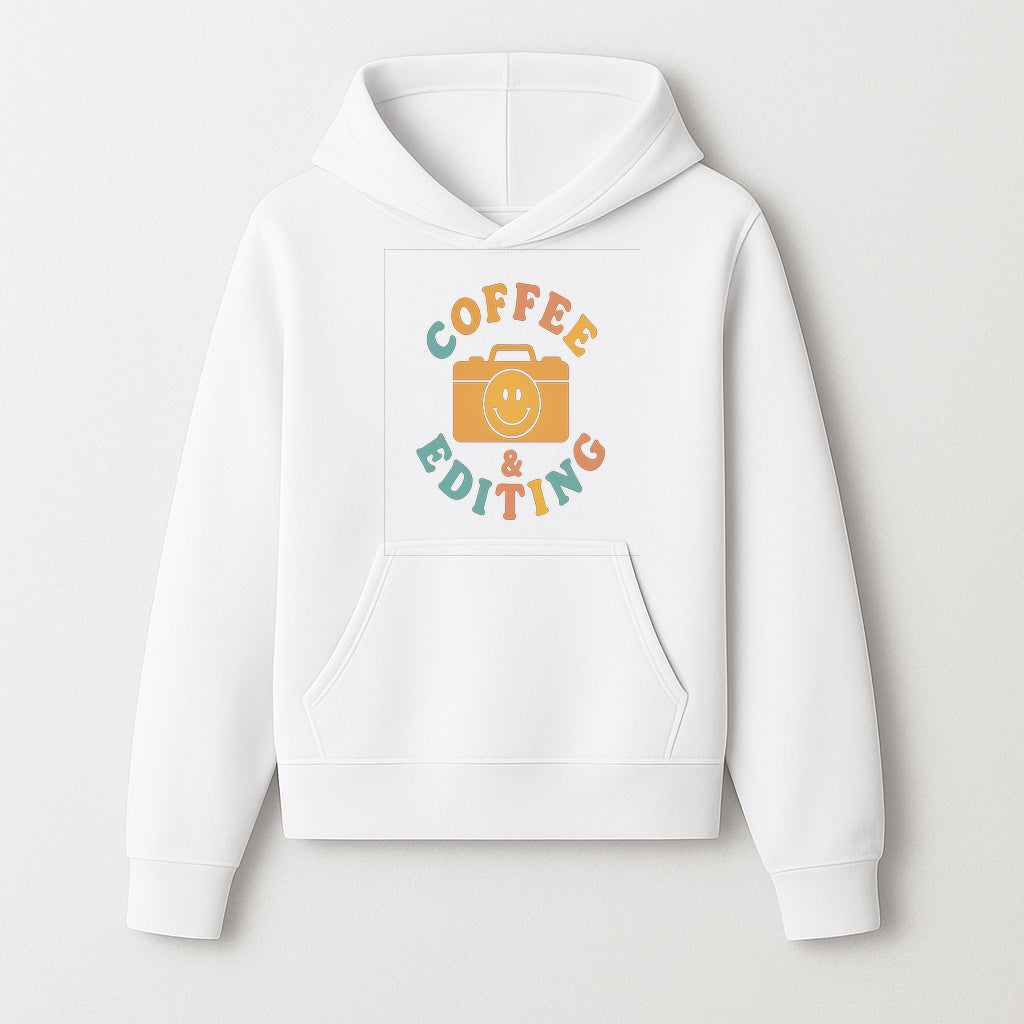 Coffee & Editing Graphic Tee - Fun Photography Lover Shirt, Cute Gift for Creatives, Smiley Camera Design, Casual Wear - Hoodie 1758335006800.jpg